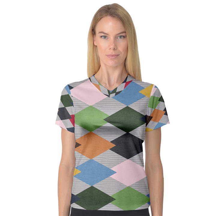 Leather Colorful Diamond Design Women s V-Neck Sport Mesh Tee