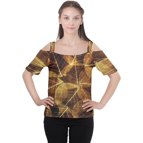 Leaves Autumn Texture Brown Women s Cutout Shoulder Tee by Nexatart