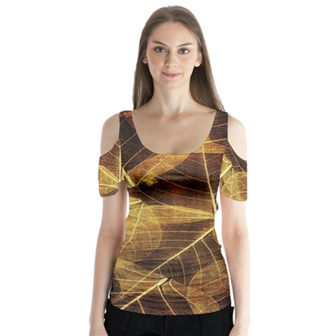 Leaves Autumn Texture Brown Butterfly Sleeve Cutout Tee  by Nexatart