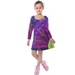 Peacock Abstract Digital Art Kids  Long Sleeve Velvet Dress