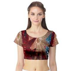 Poinsettia Red Blue White Short Sleeve Crop Top (Tight Fit)