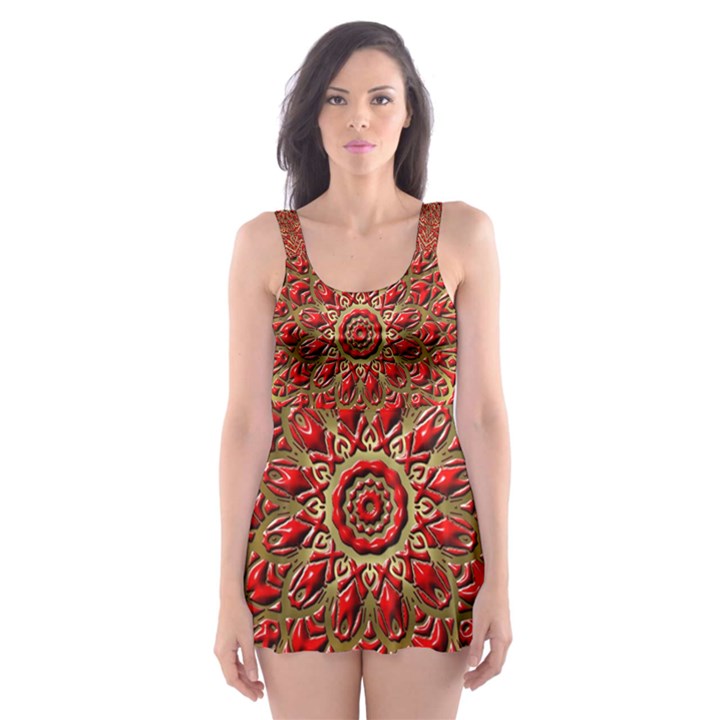 Red Tile Background Image Pattern Skater Dress Swimsuit