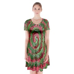 Red Green Swirl Twirl Colorful Short Sleeve V-neck Flare Dress by Nexatart