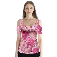 Roses Flowers Rose Blooms Nature Butterfly Sleeve Cutout Tee 
