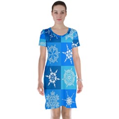 Seamless Blue Snowflake Pattern Short Sleeve Nightdress