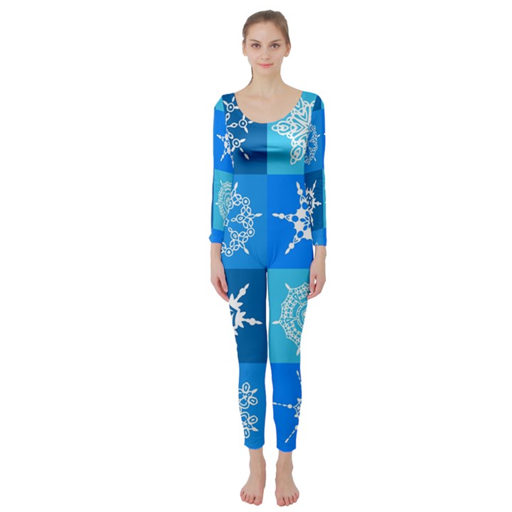 Seamless Blue Snowflake Pattern Long Sleeve Catsuit