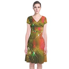 Star Christmas Background Image Red Short Sleeve Front Wrap Dress by Nexatart