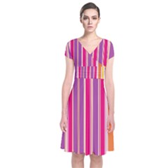 Stripes Colorful Background Pattern Short Sleeve Front Wrap Dress