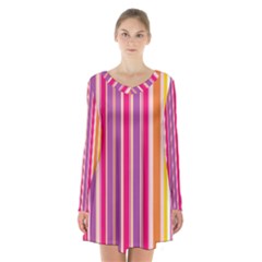 Stripes Colorful Background Pattern Long Sleeve Velvet V-neck Dress by Nexatart