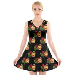 Vintage Roses Wallpaper Pattern V-neck Sleeveless Skater Dress