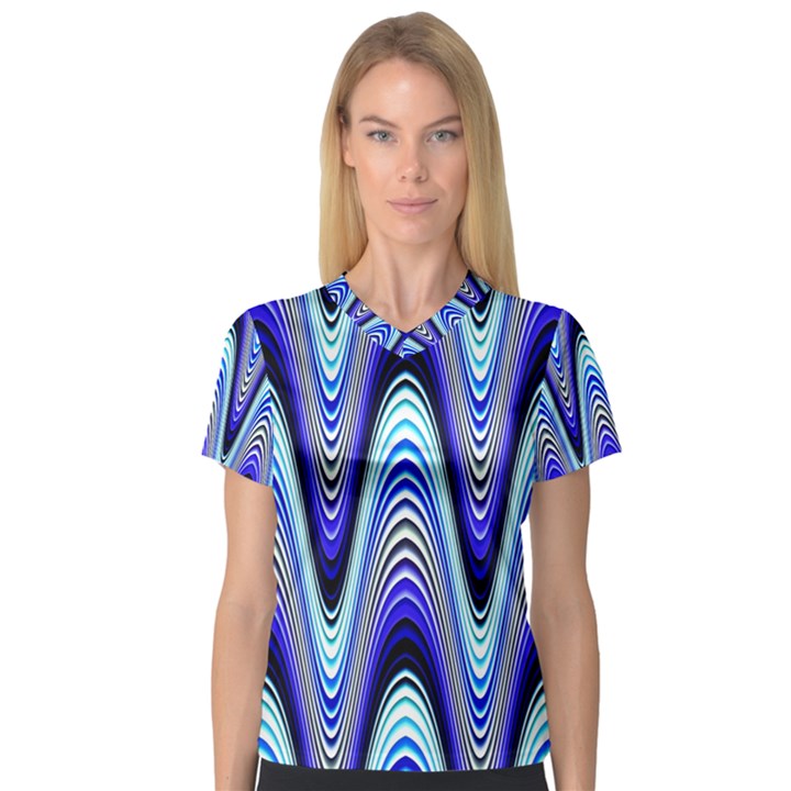 Waves Wavy Blue Pale Cobalt Navy Women s V-Neck Sport Mesh Tee