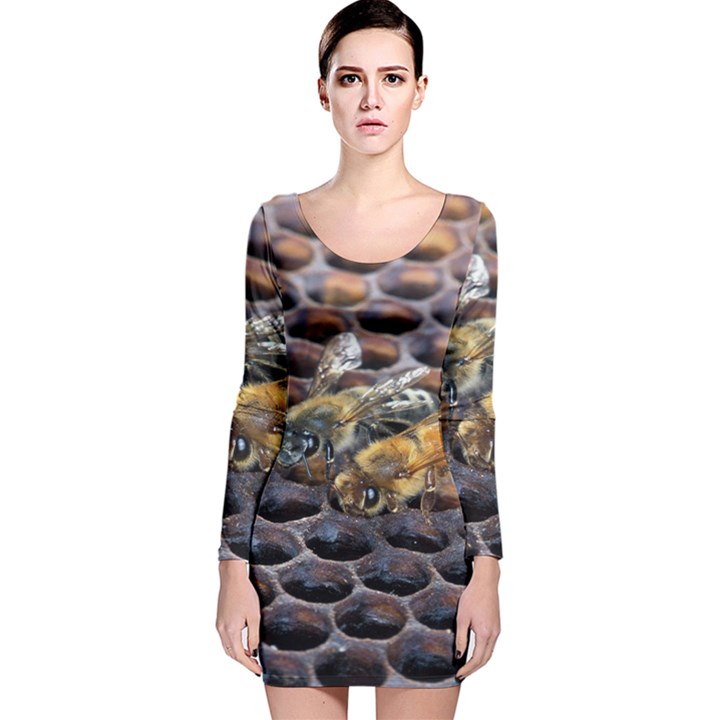 Worker Bees On Honeycomb Long Sleeve Velvet Bodycon Dress