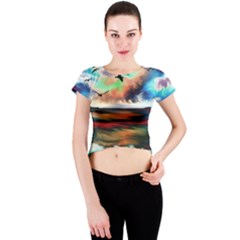 Ocean Waves Birds Colorful Sea Crew Neck Crop Top by Amaryn4rt