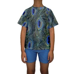 Peacock Feathers Blue Bird Nature Kids  Short Sleeve Swimwear by Amaryn4rt