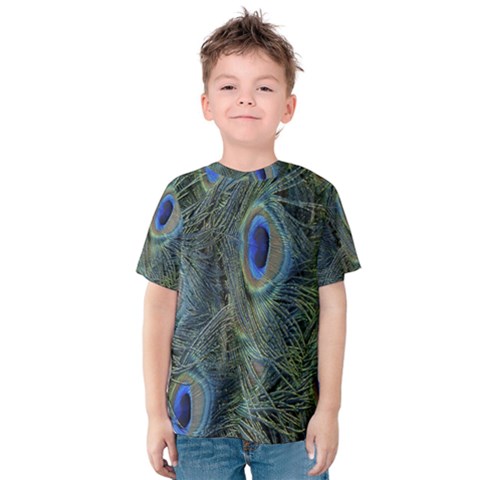 Peacock Feathers Blue Bird Nature Kids  Cotton Tee by Amaryn4rt
