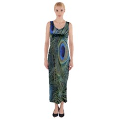 Peacock Feathers Blue Bird Nature Fitted Maxi Dress by Amaryn4rt