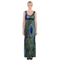 Peacock Feathers Blue Bird Nature Maxi Thigh Split Dress by Amaryn4rt