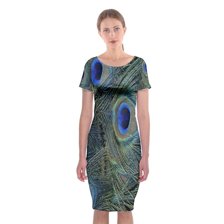 Peacock Feathers Blue Bird Nature Classic Short Sleeve Midi Dress