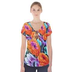 Flowers Artwork Art Digital Art Short Sleeve Front Detail Top by Amaryn4rt