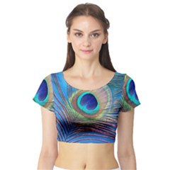 Peacock Feather Blue Green Bright Short Sleeve Crop Top (Tight Fit)