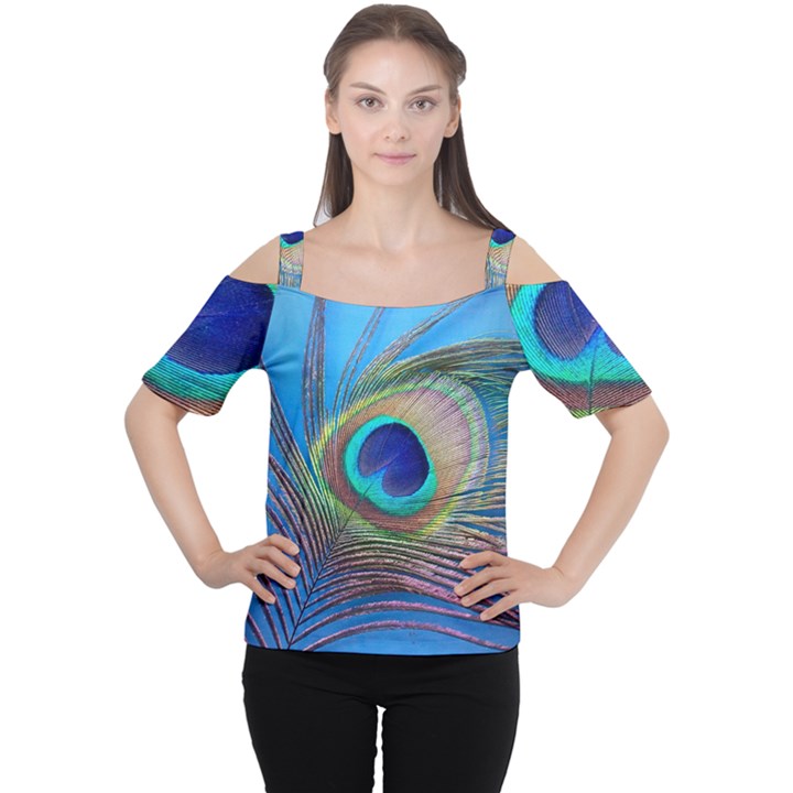 Peacock Feather Blue Green Bright Women s Cutout Shoulder Tee