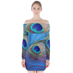 Peacock Feather Blue Green Bright Long Sleeve Off Shoulder Dress by Amaryn4rt