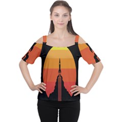 Plane Rocket Fly Yellow Orange Space Galaxy Women s Cutout Shoulder Tee