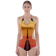 Plane Rocket Fly Yellow Orange Space Galaxy Cut-out One Piece Swimsuit by Alisyart