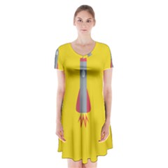 Plane Rocket Space Yellow Short Sleeve V-neck Flare Dress