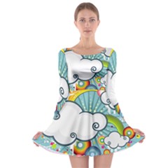 Rainbow Clouds Tree Circle Orange Long Sleeve Skater Dress