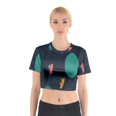 Space Illustration Irrational Race Galaxy Planet Blue Sky Star Ufo Cotton Crop Top