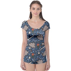 Spring Flower Floral Rose Rain Blue Grey Cloud Water Boyleg Leotard 