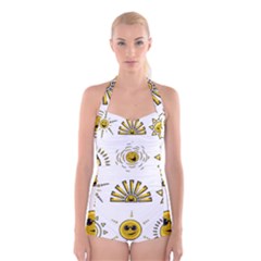 Sun Expression Smile Face Yellow Boyleg Halter Swimsuit 