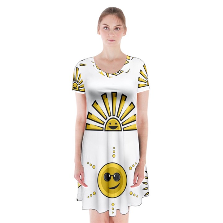 Sun Expression Smile Face Yellow Short Sleeve V-neck Flare Dress