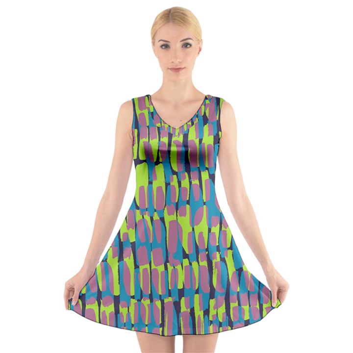 Surface Pattern Green V-Neck Sleeveless Skater Dress