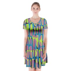 Surface Pattern Green Short Sleeve V-neck Flare Dress