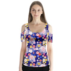 Season Flower Arrangements Purple Butterfly Sleeve Cutout Tee 