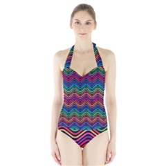 Wave Chevron Rainbow Color Halter Swimsuit by Alisyart