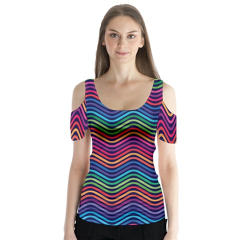 Wave Chevron Rainbow Color Butterfly Sleeve Cutout Tee  by Alisyart