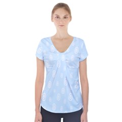 Circle Blue White Short Sleeve Front Detail Top