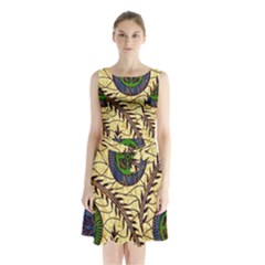 Fabrick Batik Brown Blue Green Leaf Flower Floral Sleeveless Chiffon Waist Tie Dress