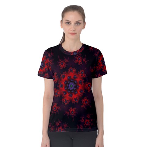 Fractal Abstract Blossom Bloom Red Women s Cotton Tee by Amaryn4rt