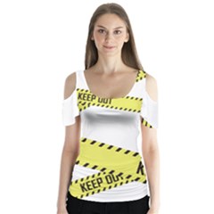 Keep Out Police Line Yellow Cross Entry Butterfly Sleeve Cutout Tee 