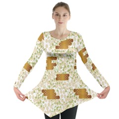 Flower Floral Leaf Rose Pink White Green Gold Long Sleeve Tunic 