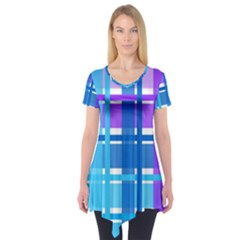 Gingham Pattern Blue Purple Shades Short Sleeve Tunic  by Amaryn4rt