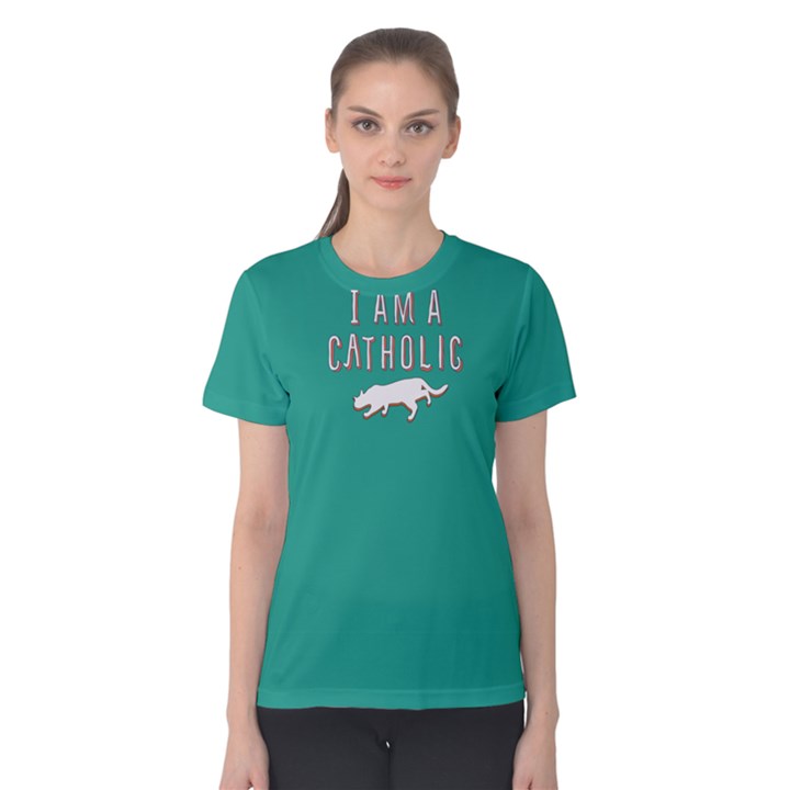 green i am a catholic  Women s Cotton Tee