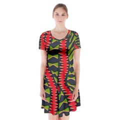 African Fabric Red Green Short Sleeve V-neck Flare Dress