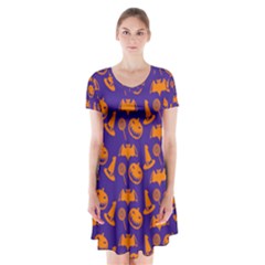 Witch Hat Pumpkin Candy Helloween Purple Orange Short Sleeve V-neck Flare Dress by Alisyart