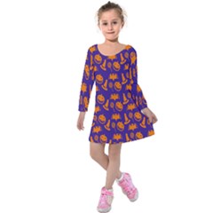 Witch Hat Pumpkin Candy Helloween Purple Orange Kids  Long Sleeve Velvet Dress by Alisyart