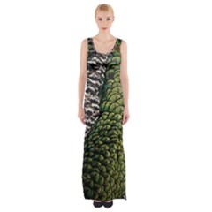 Bird Feathers Green Brown Maxi Thigh Split Dress